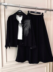 HAZA TAŞ İŞLEMELİ KETEN ETEKLİ İKİLİ TAKIM C5--1474-01-SİYAH - 