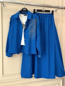 HAZA TAŞ İŞLEMELİ KETEN ETEKLİ İKİLİ TAKIM C5--1474-11-İNDİGO - 