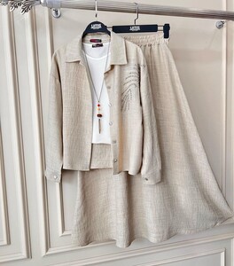 HAZA TAŞ İŞLEMELİ KETEN ETEKLİ İKİLİ TAKIM C5---1474-34-BEJ - 