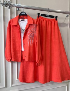 HAZA TAŞ İŞLEMELİ KETEN ETEKLİ İKİLİ TAKIM C5--1474-71-MANGO - 