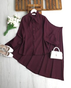 HELBA DESENLİ YAKA DETAYLI ETEĞİ KUP DİKİŞLİ TAKIM A4-1-1732-04-BORDO - 1