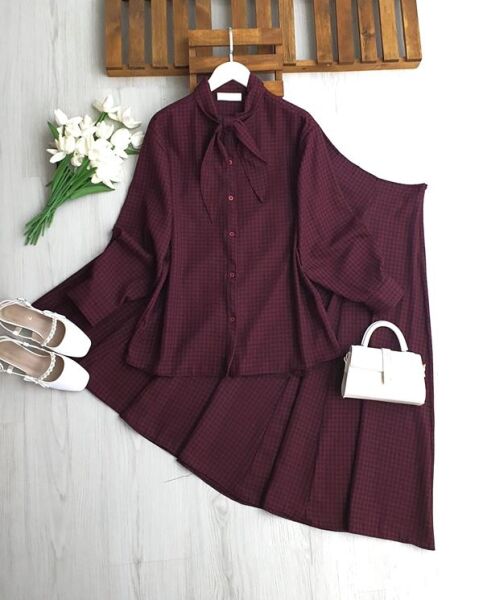 HELBA DESENLİ YAKA DETAYLI ETEĞİ KUP DİKİŞLİ TAKIM A4-1-1732-04-BORDO - 1