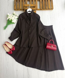 HELBA DESENLİ YAKA DETAYLI ETEĞİ KUP DİKİŞLİ TAKIM A4-1-1732-37-KAHVE - 1