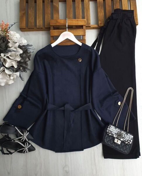 HELBA TEK DÜĞMELİ KEMERLİ SÜET KISA CEKET B6-4-3210-12-LACİVERT - 1