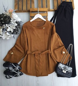 HELBA TEK DÜĞMELİ KEMERLİ SÜET KISA CEKET B6-4-3210-17-TABA - 1