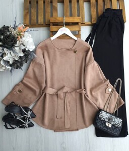 HELBA TEK DÜĞMELİ KEMERLİ SÜET KISA CEKET B6-4-3210-25-VİZON - 