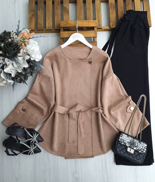 HELBA TEK DÜĞMELİ KEMERLİ SÜET KISA CEKET B6-4-3210-25-VİZON - 1