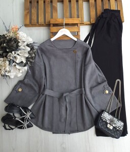 HELBA TEK DÜĞMELİ KEMERLİ SÜET KISA CEKET B6-4-3210-26-GRİ - 1