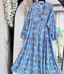 HENFE PATLI DESENLİ YARIM DÜĞMELİ SALAŞ ELBİSE D5-2329-10-MAVİ - 1