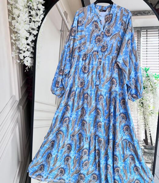 HENFE PATLI DESENLİ YARIM DÜĞMELİ SALAŞ ELBİSE D5-2329-10-MAVİ - 1