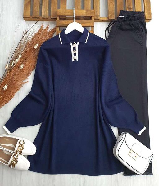 HEPLA ÇİZGİLİ YAKALI DÜĞMELİ TRİKO TUNİK B7-2-8109-12-LACİVERT - 1