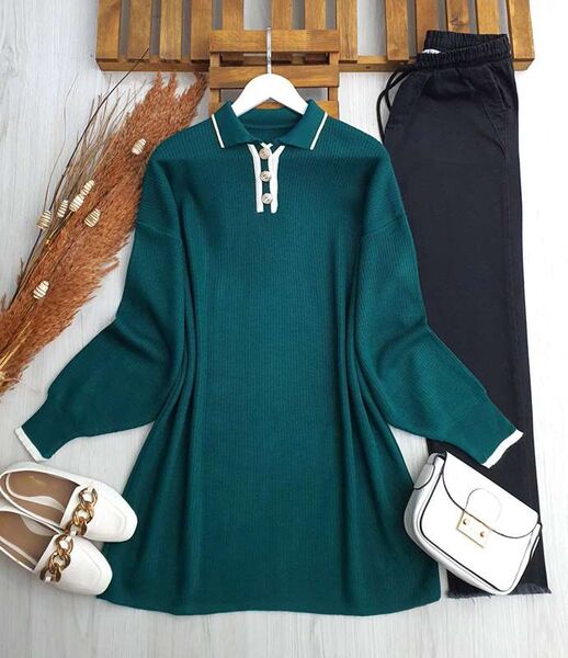 HEPLA ÇİZGİLİ YAKALI DÜĞMELİ TRİKO TUNİK B7-2-8109-27-ZÜMRÜT - 1