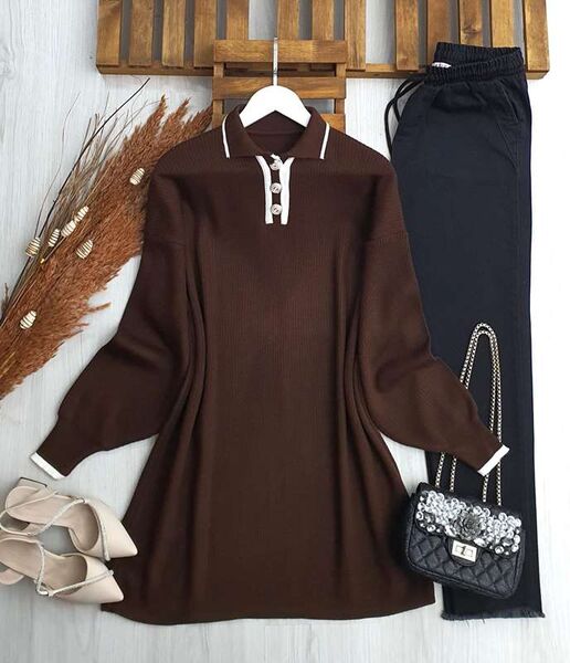 HEPLA ÇİZGİLİ YAKALI DÜĞMELİ TRİKO TUNİK B7-2-8109-37-KAHVE - 1