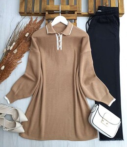 HEPLA ÇİZGİLİ YAKALI DÜĞMELİ TRİKO TUNİK B7-2-8109-48-BİSKÜVİ - 1