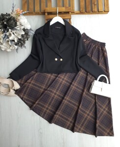 HEQ KARELİ EKOSE ETEK ÇİFT DÜĞME CEKET TAKIM B5-2-1701-01-SİYAH - 1