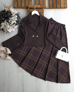 HEQ KARELİ EKOSE ETEK ÇİFT DÜĞME CEKET TAKIM B5-2-1701-37-KAHVE - 1