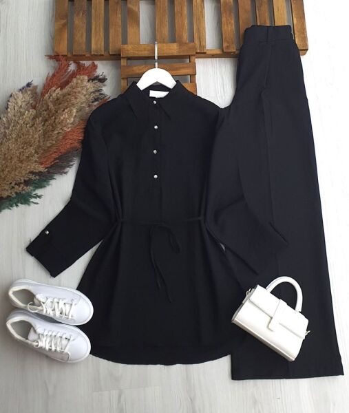 HESEV KOLU PATLI BELİ İPLİ GÖMLEK TUNİK B1-2-5661-01-SİYAH - 1