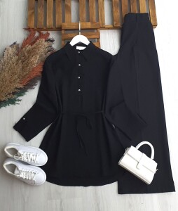 HESEV KOLU PATLI BELİ İPLİ GÖMLEK TUNİK B1-2-5661-01-SİYAH - 1