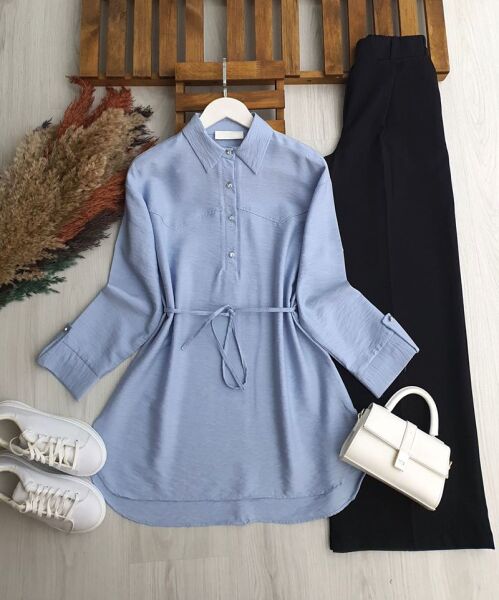 HESEV KOLU PATLI BELİ İPLİ GÖMLEK TUNİK B1-2-5661-10-MAVİ - 1