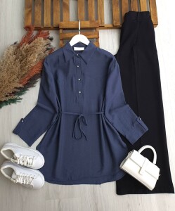 HESEV KOLU PATLI BELİ İPLİ GÖMLEK TUNİK 5661-11-İNDİGO - 