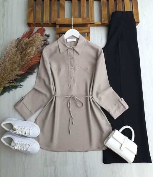 HESEV KOLU PATLI BELİ İPLİ GÖMLEK TUNİK B1-2-5661-22-TAŞ - 1