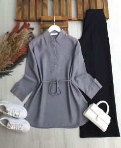 HESEV KOLU PATLI BELİ İPLİ GÖMLEK TUNİK B1-2-5661-26-GRİ - 