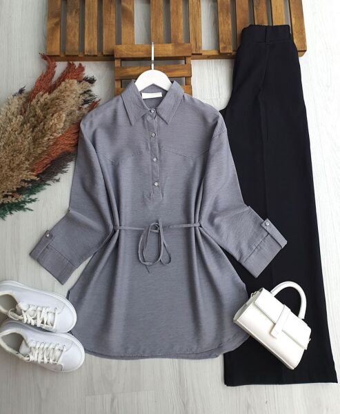 HESEV KOLU PATLI BELİ İPLİ GÖMLEK TUNİK B1-2-5661-26-GRİ - 1