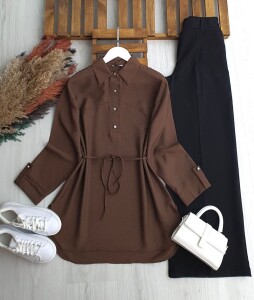 HESEV KOLU PATLI BELİ İPLİ GÖMLEK TUNİK B1-2-5661-37-KAHVE - 1