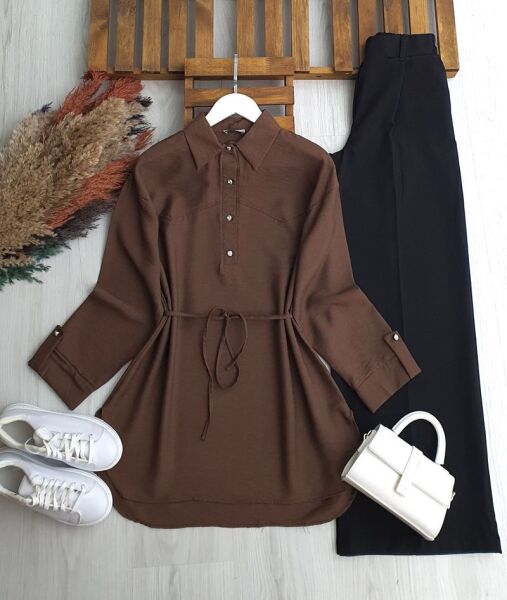 HESEV KOLU PATLI BELİ İPLİ GÖMLEK TUNİK B1-2-5661-37-KAHVE - 1