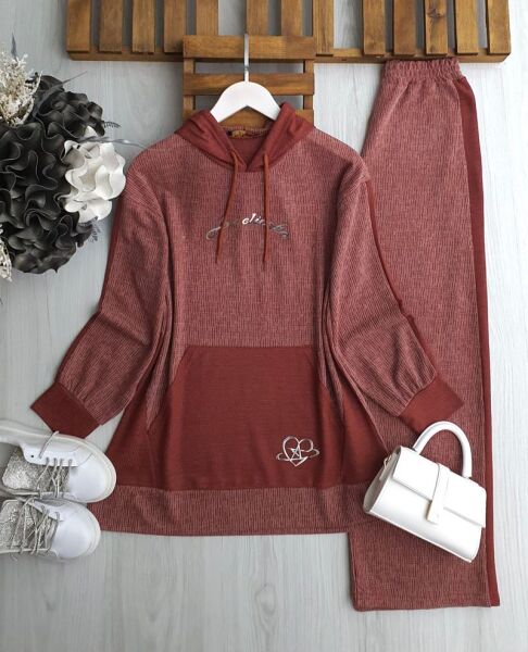 HEVUN KAPŞONLU KANGURU CEP MELAJ İKİLİ TAKIM A4-3-1666-06-KİREMİT - 1