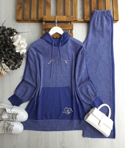 HEVUN KAPŞONLU KANGURU CEP MELAJ İKİLİ TAKIM A4-3-1666-11-İNDİGO - 