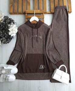 HEVUN KAPŞONLU KANGURU CEP MELAJ İKİLİ TAKIM A4-3-1666-37-KAHVE - 1