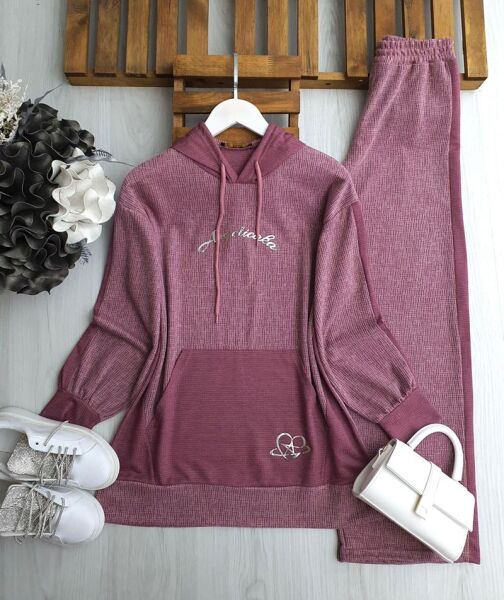 HEVUN KAPŞONLU KANGURU CEP MELAJ İKİLİ TAKIM A4-3-1666-61-ROSE - 1