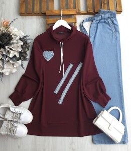 HEYE TAŞLI KOT DETAYLI TUNİK 5603-04-BORDO - 