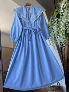 HİGSA ÇİFT KAT BEBE YAKA POPLİN ELBİSE C6-2402-10-MAVİ - 
