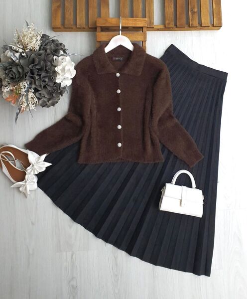 HOFYN YAKALI ÖNÜ DÜĞMELİ ANGORA HIRKA 8160-37-KAHVE - 1