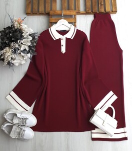 HOİS YAKALI KOL VE PAÇA BEYAZ DOKUMA TRİKO TAKIM 8139-04-BORDO - 