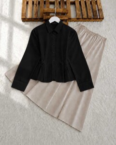 HONGA PEPLUM DİKİŞLİ FIRFIRLI GÖMLEK 5667-01-SİYAH 