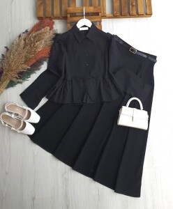 HONGA PEPLUM DİKİŞLİ FIRFIRLI GÖMLEK B4-5-5667-01-SİYAH - 