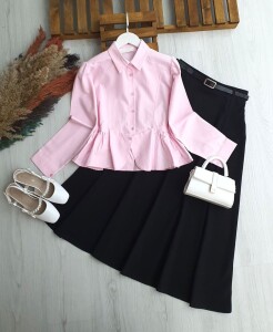 HONGA PEPLUM DİKİŞLİ FIRFIRLI GÖMLEK B4-5-5667-05-PUDRA - 