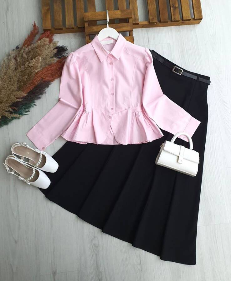 HONGA PEPLUM DİKİŞLİ FIRFIRLI GÖMLEK B4-5-5667-05-PUDRA