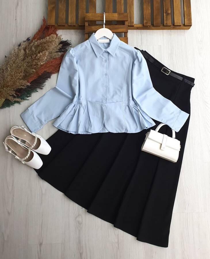 HONGA PEPLUM DİKİŞLİ FIRFIRLI GÖMLEK B4-5-5667-10-MAVİ