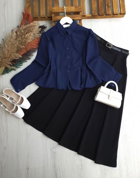 HONGA PEPLUM DİKİŞLİ FIRFIRLI GÖMLEK B4-5-5667-12-LACİVERT - 1