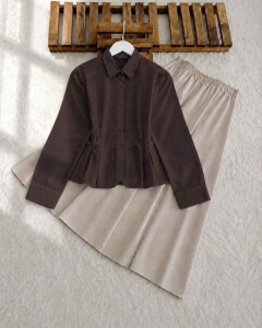 HONGA PEPLUM DİKİŞLİ FIRFIRLI GÖMLEK 5667-37-KAHVE 