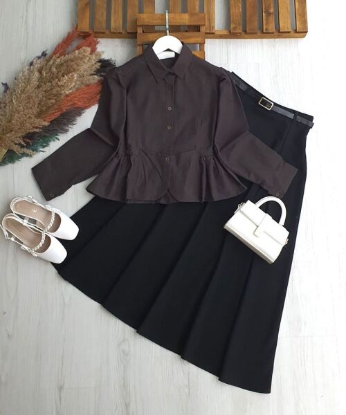 HONGA PEPLUM DİKİŞLİ FIRFIRLI GÖMLEK B4-5-5667-37-KAHVE - 1