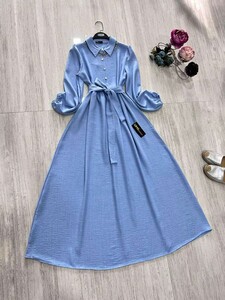 HOQA YAKALI YARIM DÜĞMELİ KETEN ELBİSE B11-1-2229-13-BEBE MAVİSİ - 