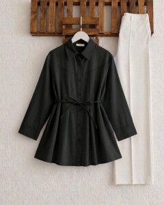 HOVD ÜST DİKİŞLİ ÖN PİLELİ SALAŞ GÖMLEK TUNİK 5686-01-SİYAH 