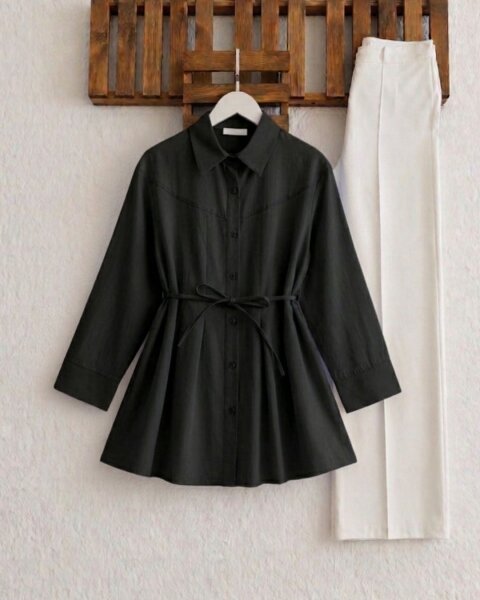 HOVD ÜST DİKİŞLİ ÖN PİLELİ SALAŞ GÖMLEK TUNİK 5686-01-SİYAH - 1