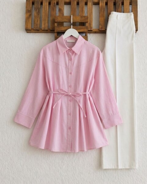 HOVD ÜST DİKİŞLİ ÖN PİLELİ SALAŞ GÖMLEK TUNİK 5686-05-PUDRA - 1