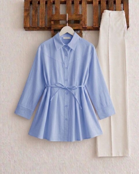 HOVD ÜST DİKİŞLİ ÖN PİLELİ SALAŞ GÖMLEK TUNİK 5686-10-MAVİ - 1